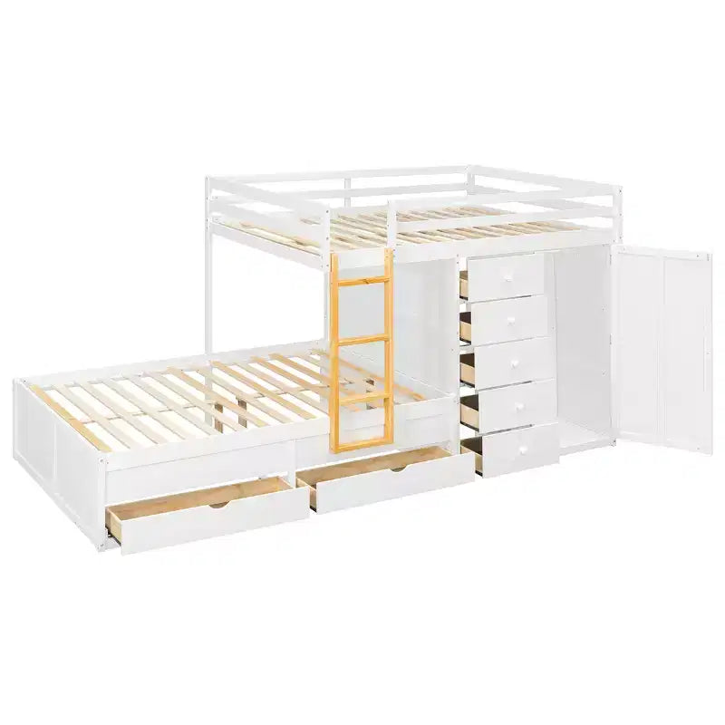 Lit superposé deux places sur deux places avec armoire de rangement et tiroirs, lit superposé en bois deux places gain de place avec barrière de sécurité pour appartement et chambre