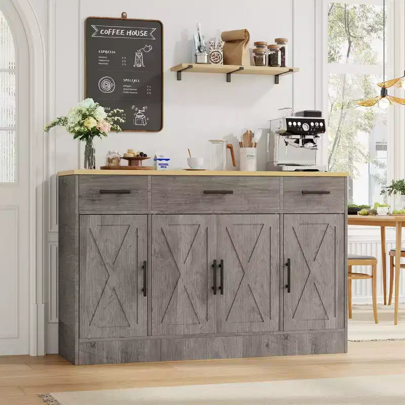 Buffet de rangement Celebalcony, grand meuble de cuisine de 53,4 pouces avec 3 tiroirs et 4 portes, étagère réglable pour la cuisine et le salon