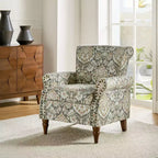 Fauteuil traditionnel Araceli en bois, rembourré à motif floral, avec dossier à oreilles et bordure cloutée| ART OF LIVING DESIGNS