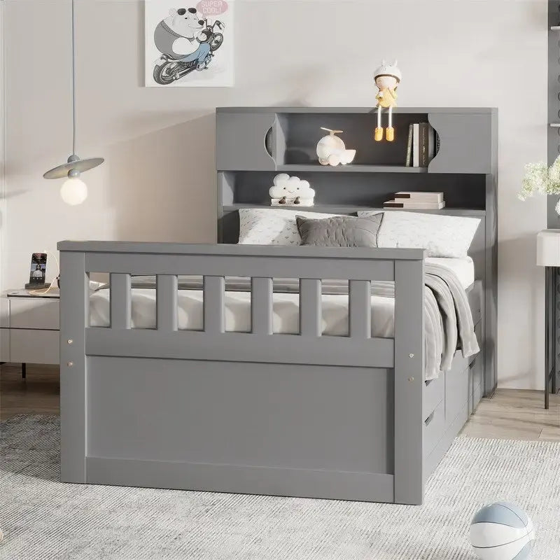Lit plateforme de capitaine Twin/Full avec 4 tiroirs et étagères de rangement, structure en bois massif avec tête de lit bibliothèque et rangements