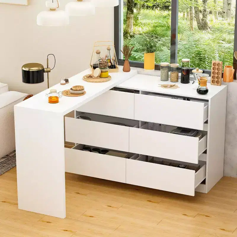 Buffet bahut intelligent pivotant/extensible avec 6 tiroirs, plateau extensible, tapis antidérapant, table à manger pivotante, garde-manger îlot de cuisine