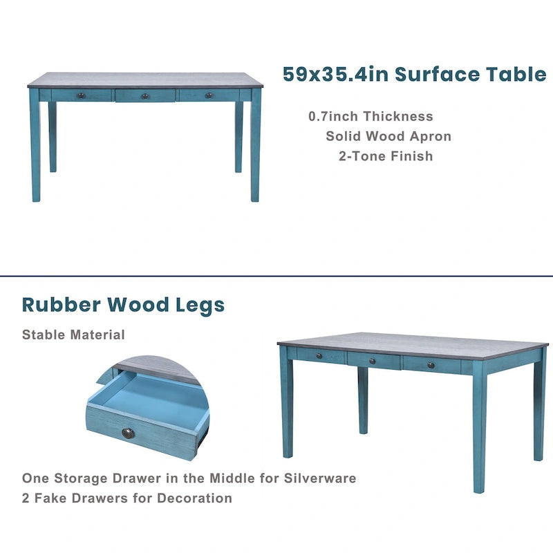 6-delige houten eetkamerset met 4 stoelen en bank, tafel met lade