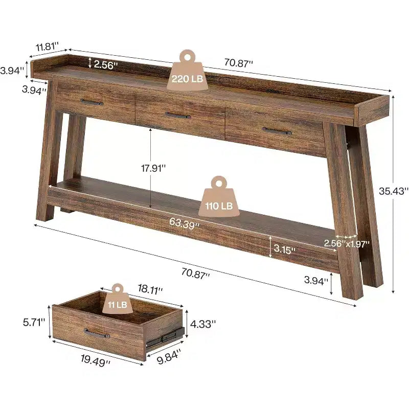 Table console Lantine à 2 niveaux avec 3 tiroirs, console de 70,9 avec rebord surélevé et étagères de rangement pour le salon, le couloir ou l’entrée