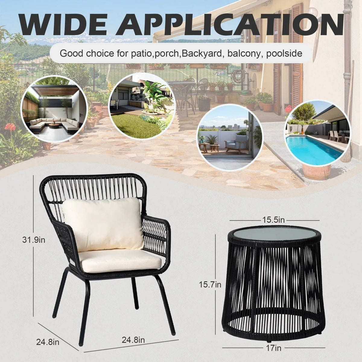 3-delige bistroset van wicker voor buiten, weerbestendige rotan tuinmeubelset met stoelen en kussens
