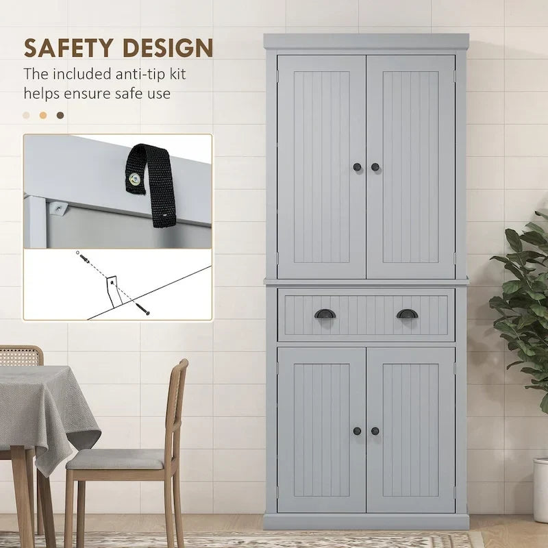 Armoire de rangement de garde-manger de cuisine de 72 pouces, armoire traditionnelle autoportante avec 4 portes et 3 étagères réglables, grand tiroir central