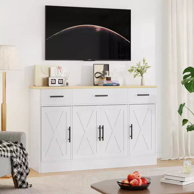 Buffet de rangement Celebalcony, grand meuble de cuisine de 53,4 pouces avec 3 tiroirs et 4 portes, étagère réglable pour la cuisine et le salon