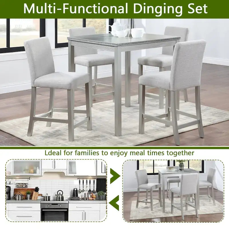 Modern 5-Piece Dining Set with Square Counter Height Table & 4 Upholstered Chairs