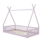 Bodenbett für Kinder, Zeltbett in Einzelgröße, Montessori-Bodenbett mit Lattenrost und Schutzgittern, Holzhaus-Bettrahmen für Jungen und Mädchen
