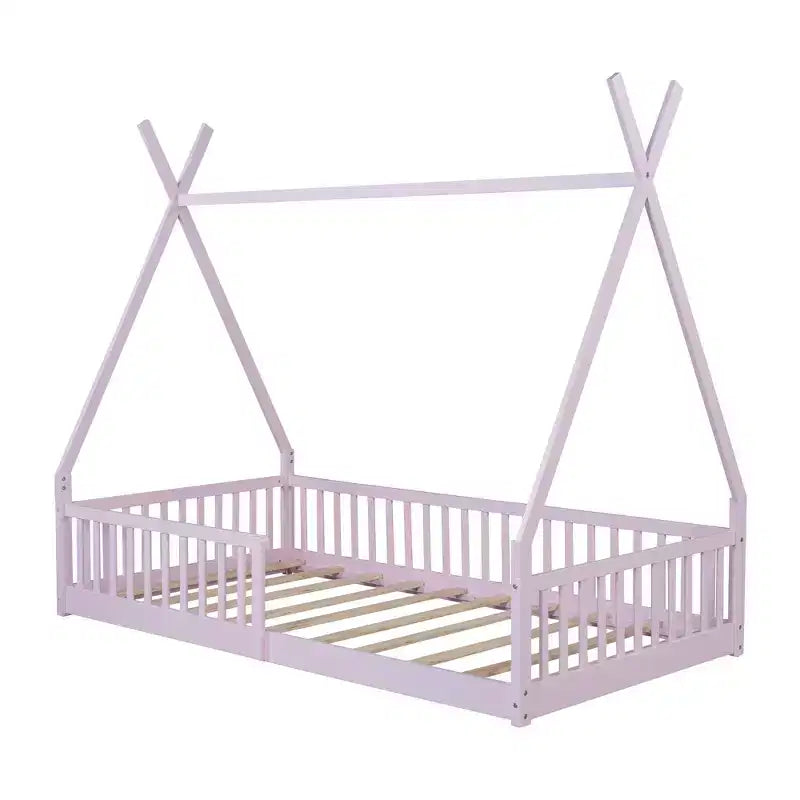Bodenbett für Kinder, Zeltbett in Einzelgröße, Montessori-Bodenbett mit Lattenrost und Schutzgittern, Holzhaus-Bettrahmen für Jungen und Mädchen