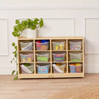 Meuble mobile à plateaux avec casiers et 15 bacs frontaux à ouverture en forme de cuillère, 3 x 4, mobilier pour enfants
