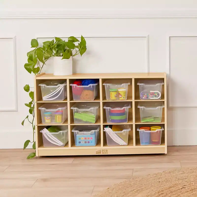 Meuble mobile à plateaux avec casiers et 15 bacs frontaux à ouverture en forme de cuillère, 3 x 4, mobilier pour enfants