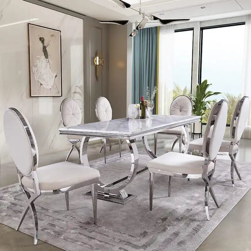 Table de salle à manger moderne avec piètement en U en métal inoxydable