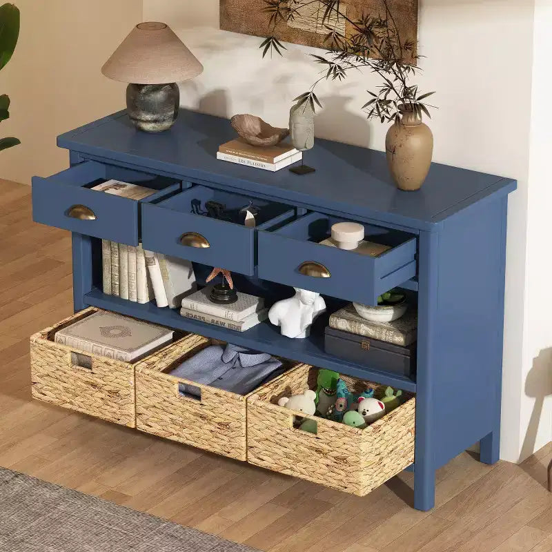 Console d’entrée avec rangement, table de couloir de style champêtre avec 3 tiroirs et 3 paniers en jacinthe d’eau pour le salon ou le vestibule – Panipeachy