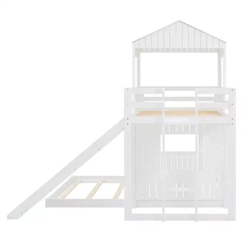 Luxystar Etagenbett aus Holz in Twin-über-Full-Größe mit Spielhaus, Rutsche und Schutzgittern