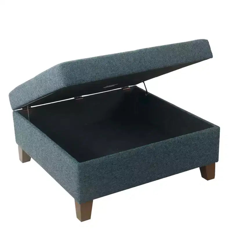 32" Square Storage Ottoman with Hinged Lid, Textured Navy Fabric & Wood Legs