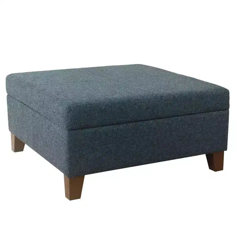 32" Square Storage Ottoman with Hinged Lid, Textured Navy Fabric & Wood Legs