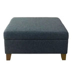 32" Square Storage Ottoman with Hinged Lid, Textured Navy Fabric & Wood Legs