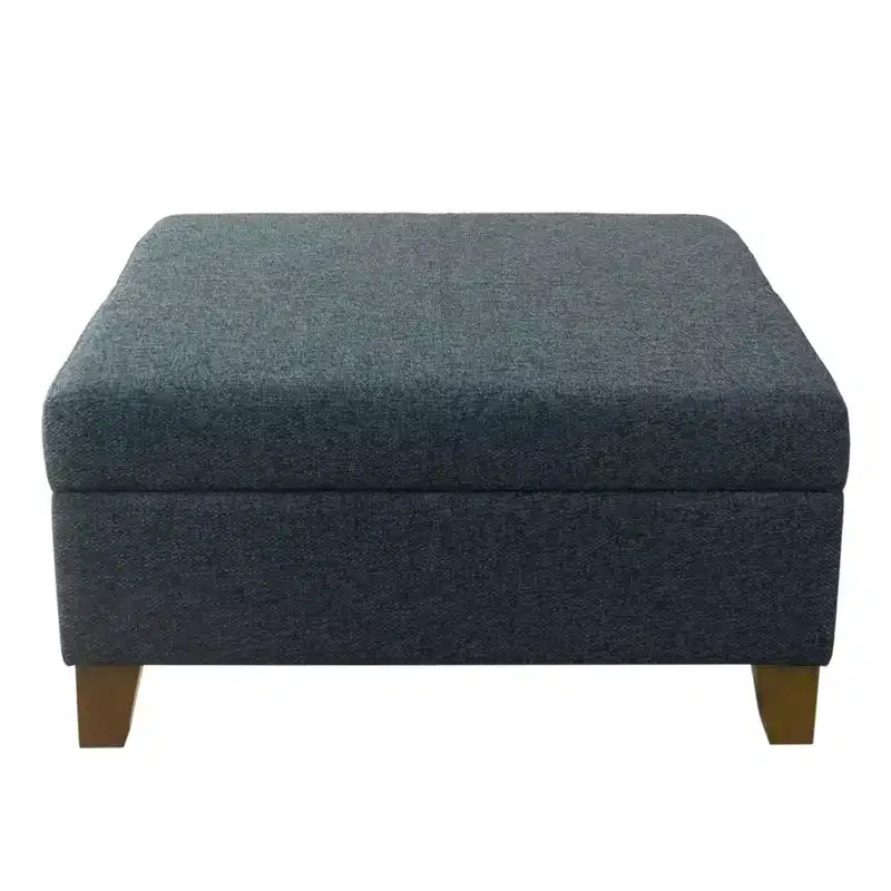 32" Square Storage Ottoman with Hinged Lid, Textured Navy Fabric & Wood Legs