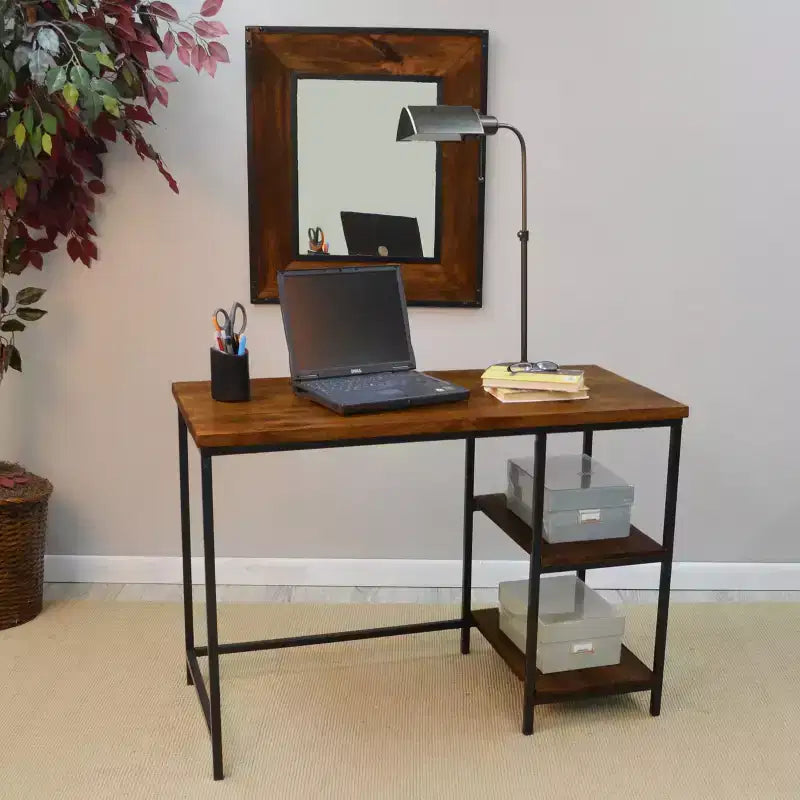Flynn Chestnut & Black Desk with Metal Frame, Wood Surface & Open Storage Shelf