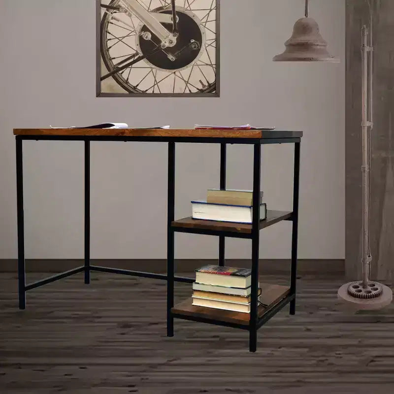 Flynn Chestnut & Black Desk with Metal Frame, Wood Surface & Open Storage Shelf