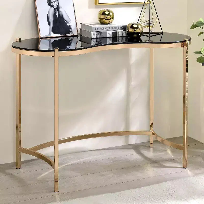 44" Gold Writing Desk with Tempered Glass Top & Steel Frame, Modern Home Office Desk