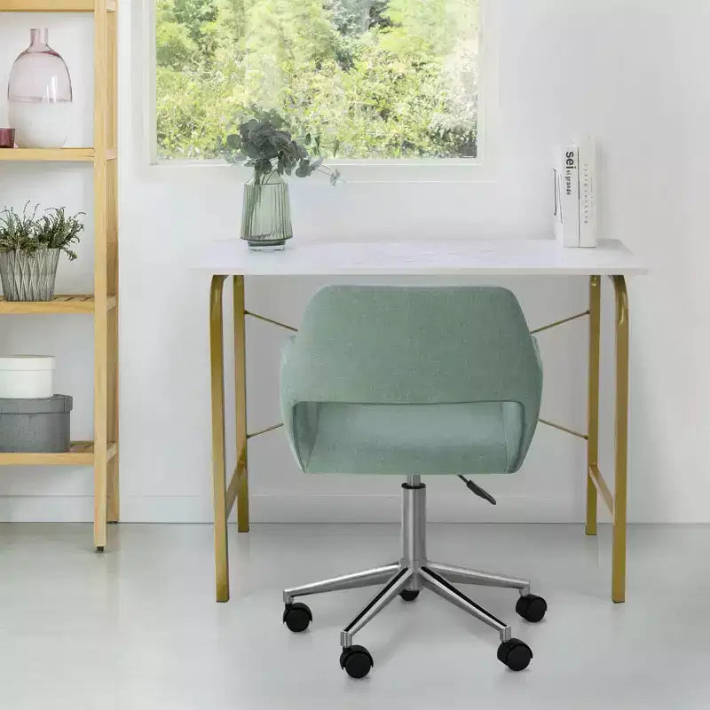 40" Home Office Computer Desk, Faux Marble Top, Brass Metal Legs, Veneer Surface