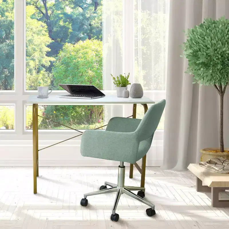 40" Home Office Computer Desk, Faux Marble Top, Brass Metal Legs, Veneer Surface