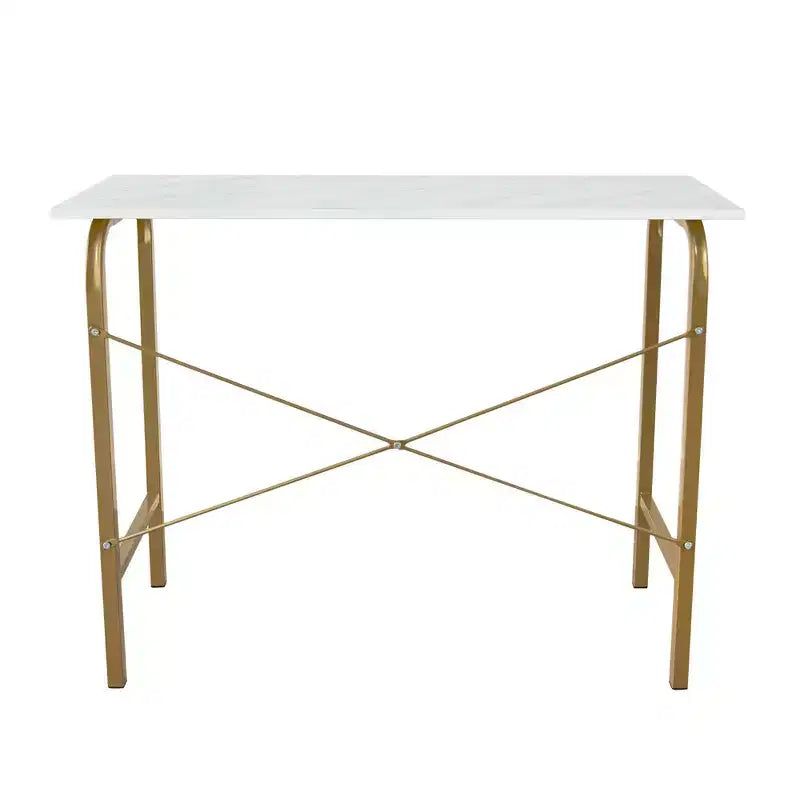 40" Home Office Computer Desk, Faux Marble Top, Brass Metal Legs, Veneer Surface
