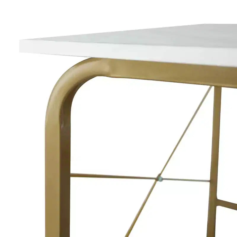 40" Home Office Computer Desk, Faux Marble Top, Brass Metal Legs, Veneer Surface