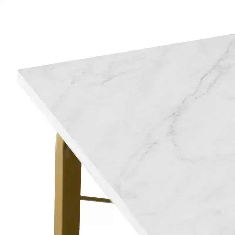 40" Home Office Computer Desk, Faux Marble Top, Brass Metal Legs, Veneer Surface