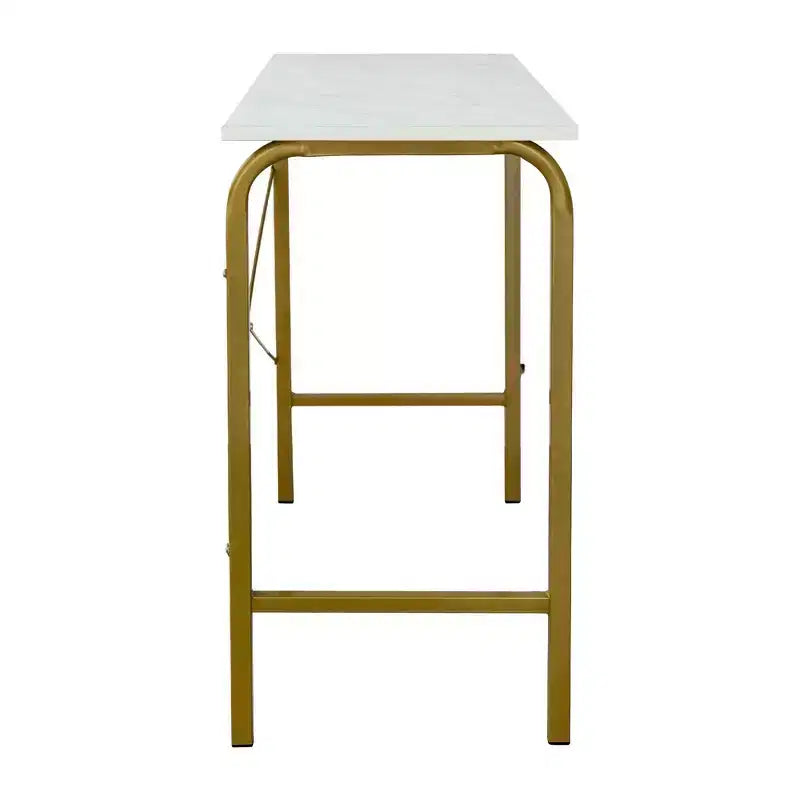 40" Home Office Computer Desk, Faux Marble Top, Brass Metal Legs, Veneer Surface