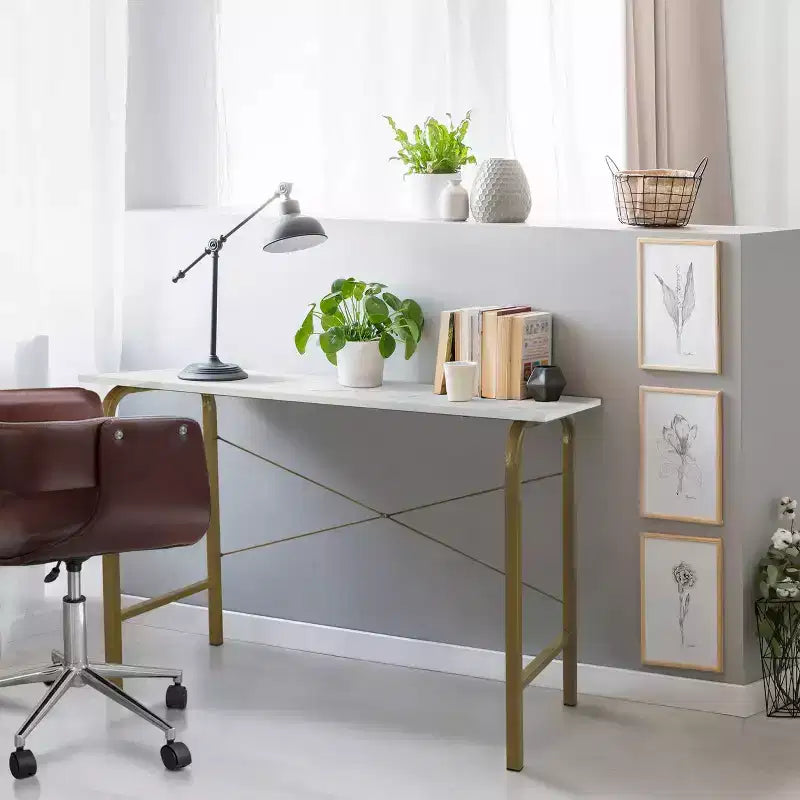 40" Home Office Computer Desk, Faux Marble Top, Brass Metal Legs, Veneer Surface