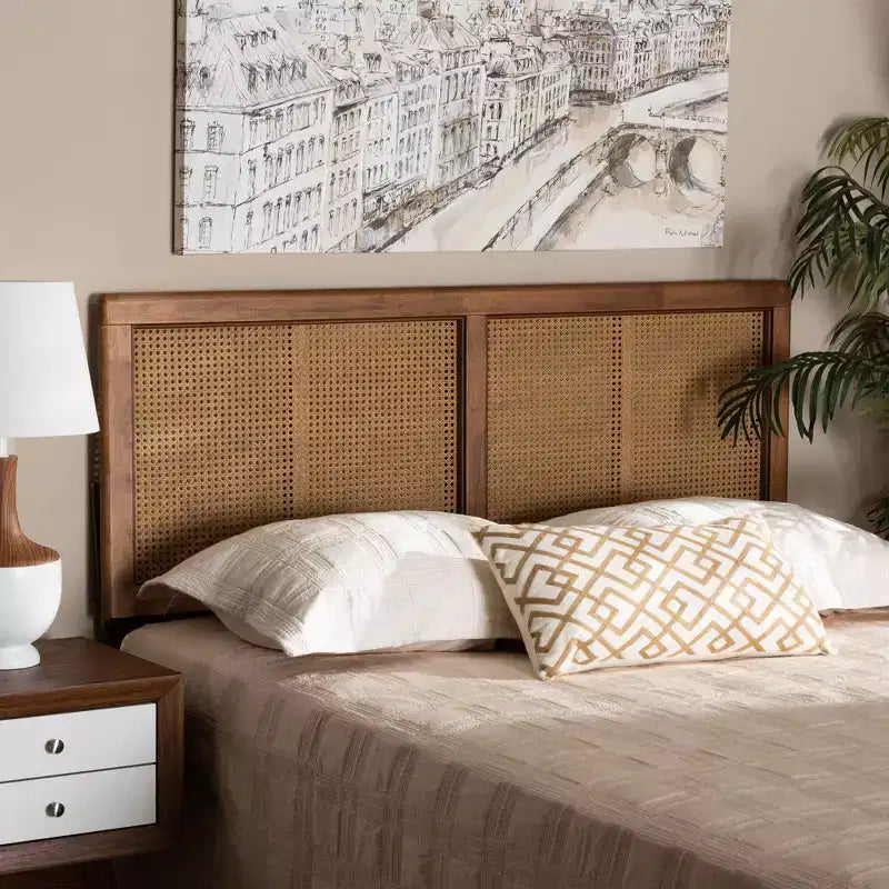 Full Gilbert Wood & Synthetic Rattan Headboard, Ash Walnut, Bed Frame Mounted, 50" H