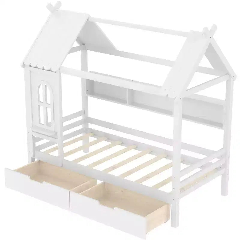 Lit plateforme en forme de maison avec tiroirs de rangement et fenêtre, cadre en bois massif avec étagères, design ludique pour enfant, blanc clair