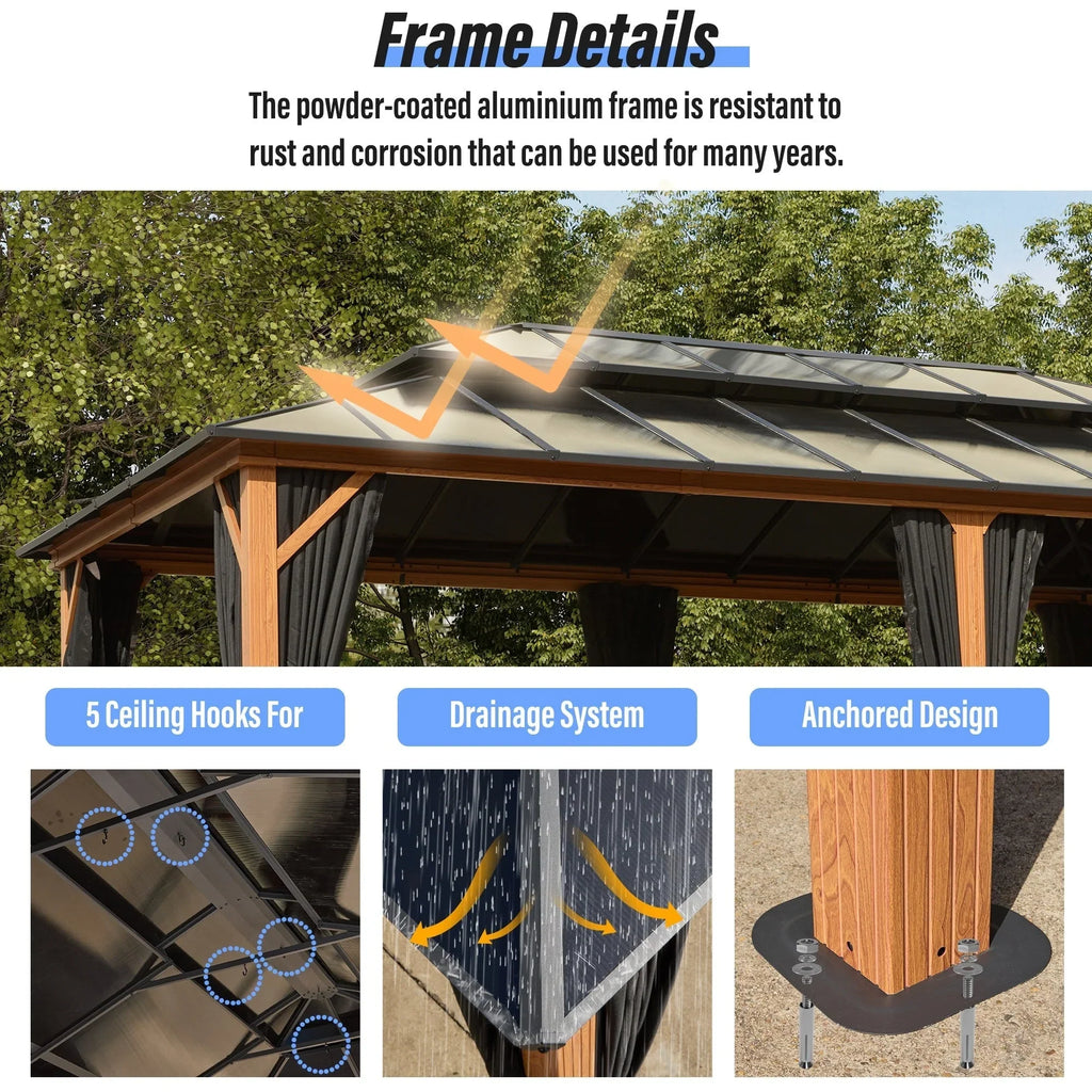 EROMMY Pavillon mit festem Dach, Outdoor-Pergola mit Doppeldach, Netzvorhängen und Vorhängen, robustes Vordach für Terrasse, Garten und Poolpartys