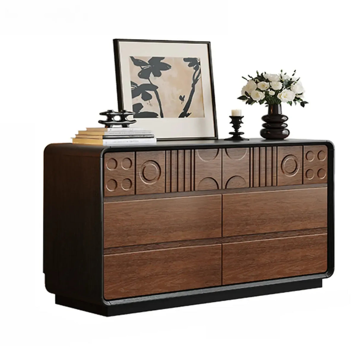 Von Art déco inspirierte Holzkommode mit geometrischen Schnitzereien