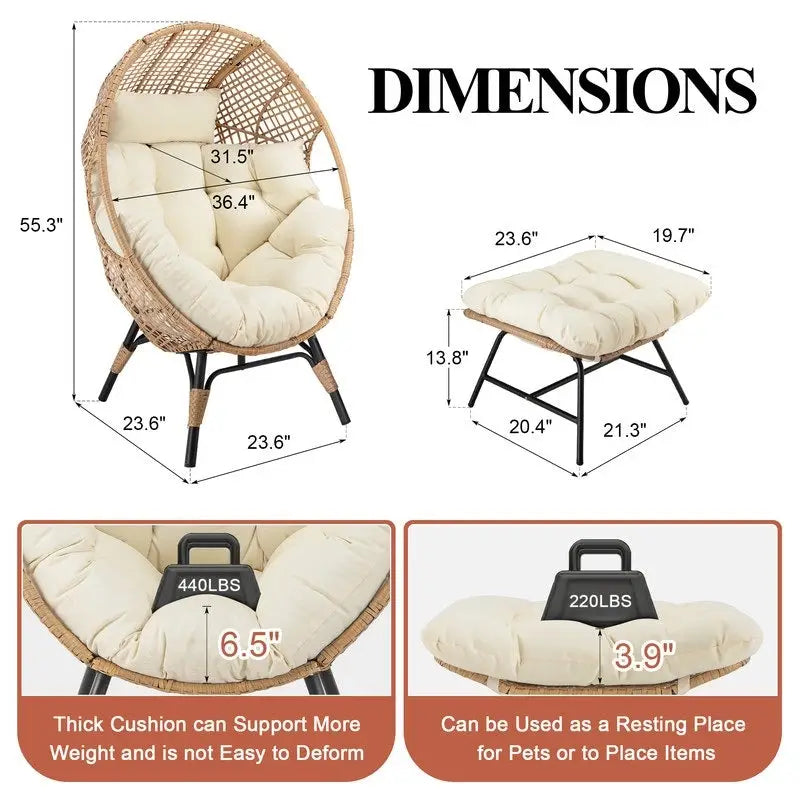 Fauteuil œuf d’intérieur FINCATI, fauteuil œuf d’extérieur supportant 440 lbs, fauteuil œuf surdimensionné avec pouf, fauteuil œuf luxueux et confortable avec repose-pieds
