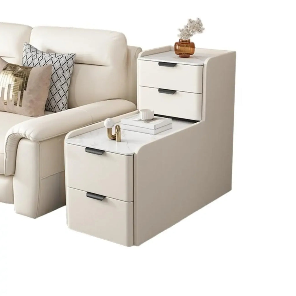 Hochseitentisch für Sofa in L-Form aus Holz mit 4 Schubladen und Steinplatte