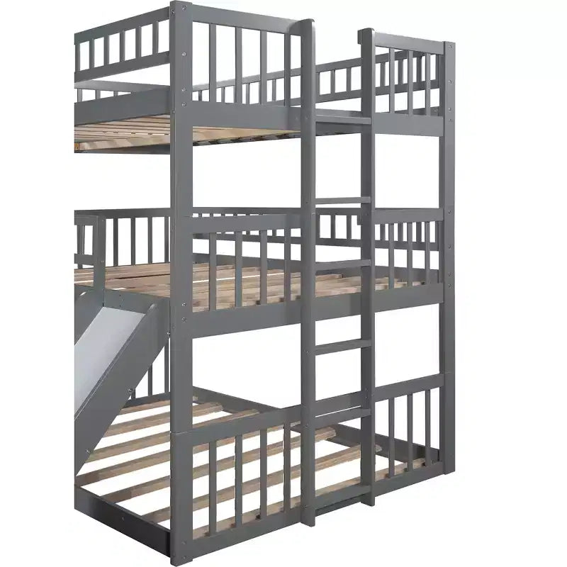 Dreistöckiges Etagenbett Full über Full mit umbaubarer Leiter und Rutsche, dreistöckiges Bett mit Sicherheitsgittern, Weiß/Grau/Espresso – ModernLuxe