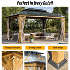 EROMMY Pavillon mit festem Dach, Outdoor-Pergola mit Doppeldach, Netzvorhängen und Vorhängen, robustes Vordach für Terrasse, Garten und Poolpartys