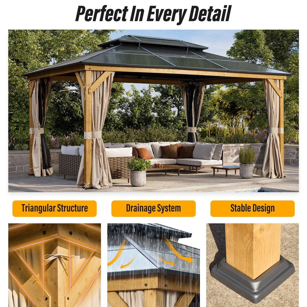 EROMMY Pavillon mit festem Dach, Outdoor-Pergola mit Doppeldach, Netzvorhängen und Vorhängen, robustes Vordach für Terrasse, Garten und Poolpartys