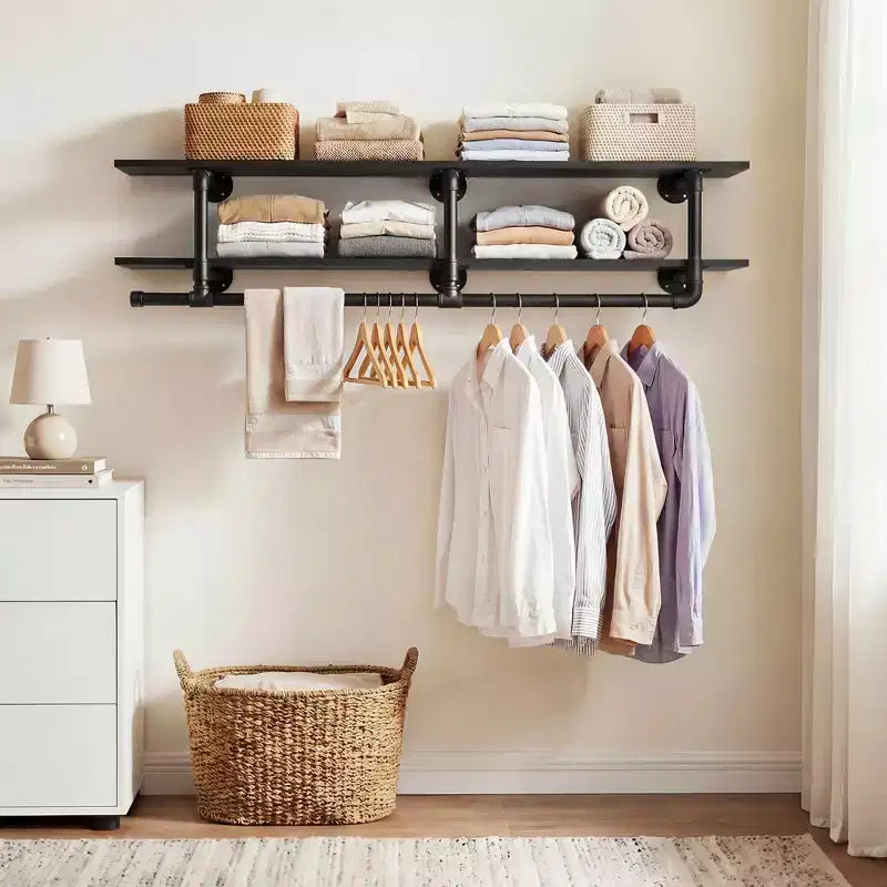Portant à vêtements Besiost à 2 niveaux avec tringle, étagères à vêtements et étagère supérieure