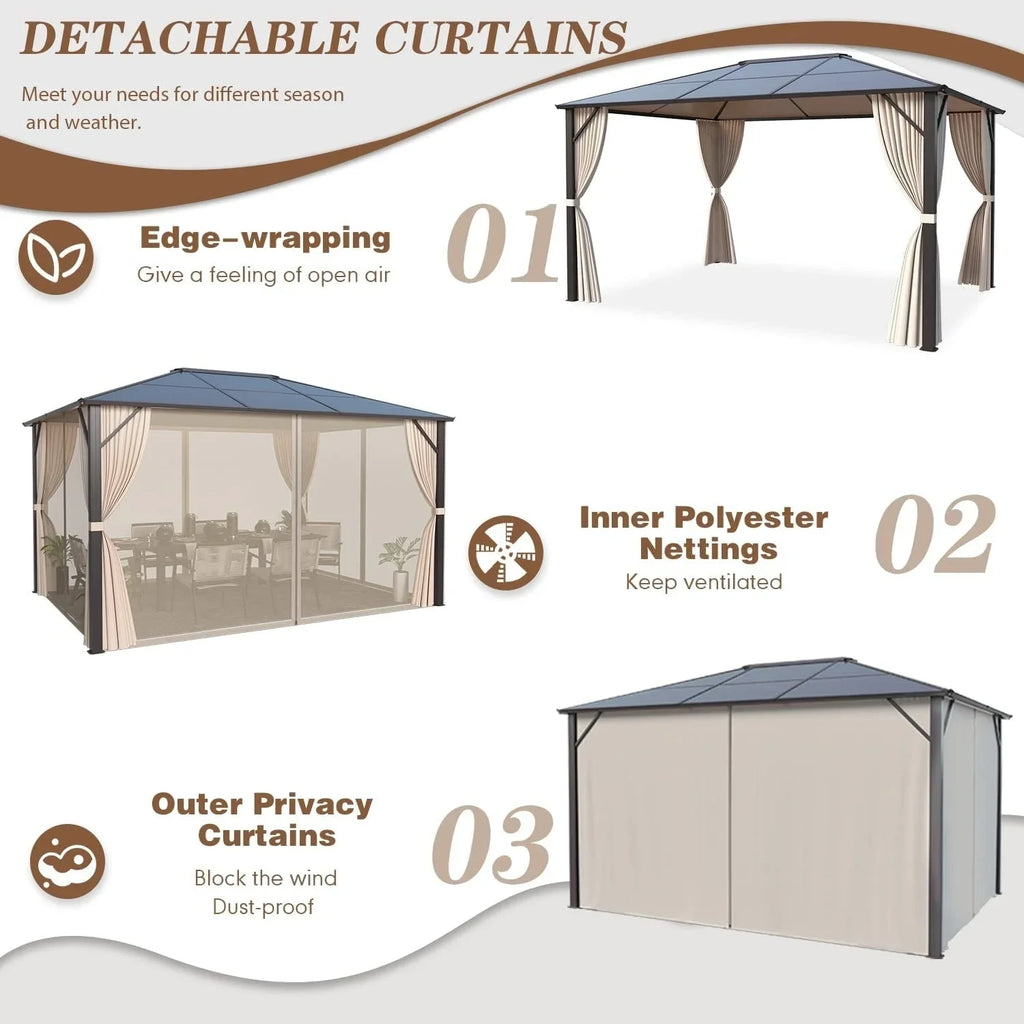 EROMMY Pavillon mit festem Dach, Outdoor-Pergola mit Doppeldach, Netzvorhängen und Vorhängen, robustes Vordach für Terrasse, Garten und Poolpartys