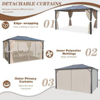 EROMMY Pavillon mit festem Dach, Outdoor-Pergola mit Doppeldach, Netzvorhängen und Vorhängen, robustes Vordach für Terrasse, Garten und Poolpartys