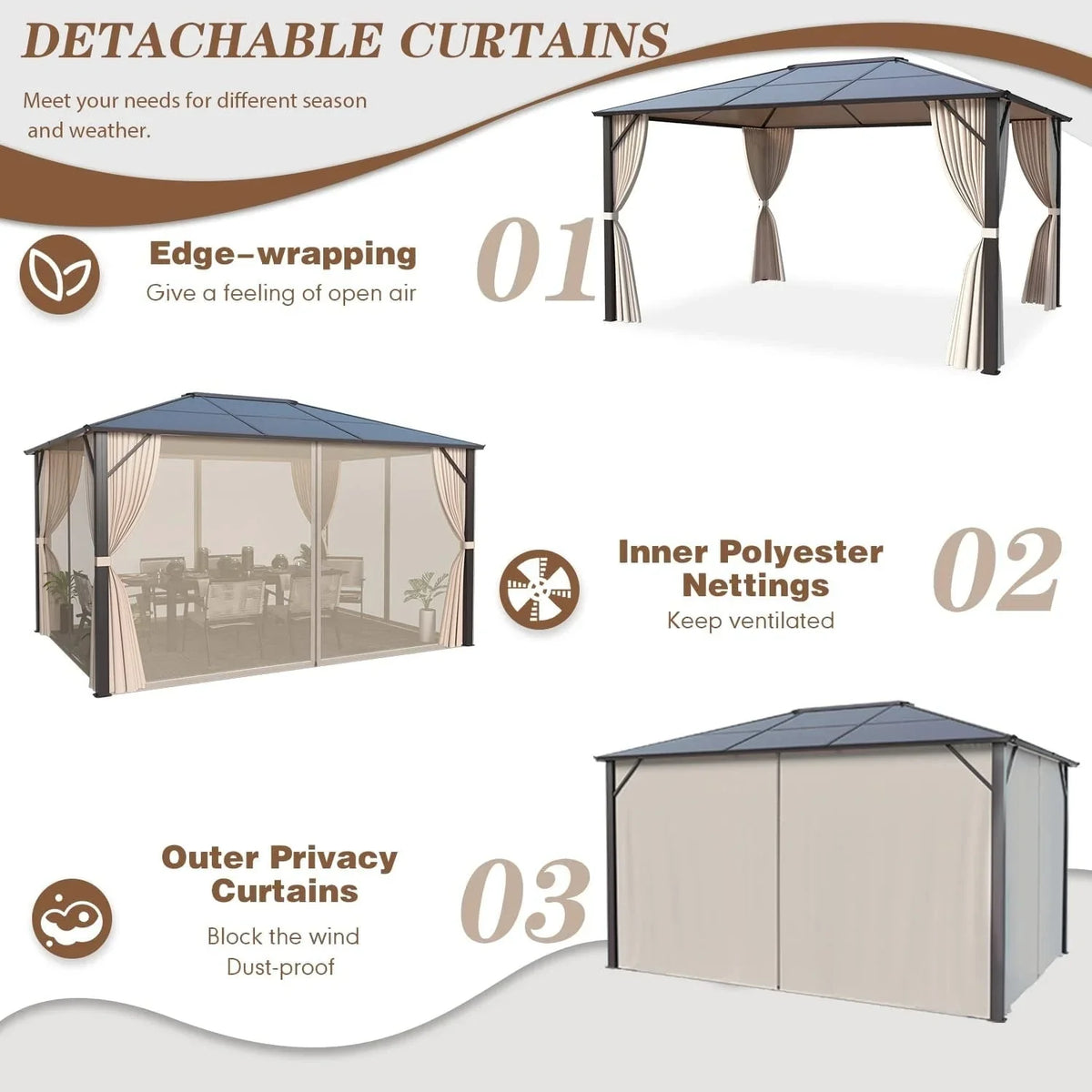 EROMMY Pavillon mit festem Dach, Outdoor-Pergola mit Doppeldach, Netzvorhängen und Vorhängen, robustes Vordach für Terrasse, Garten und Poolpartys
