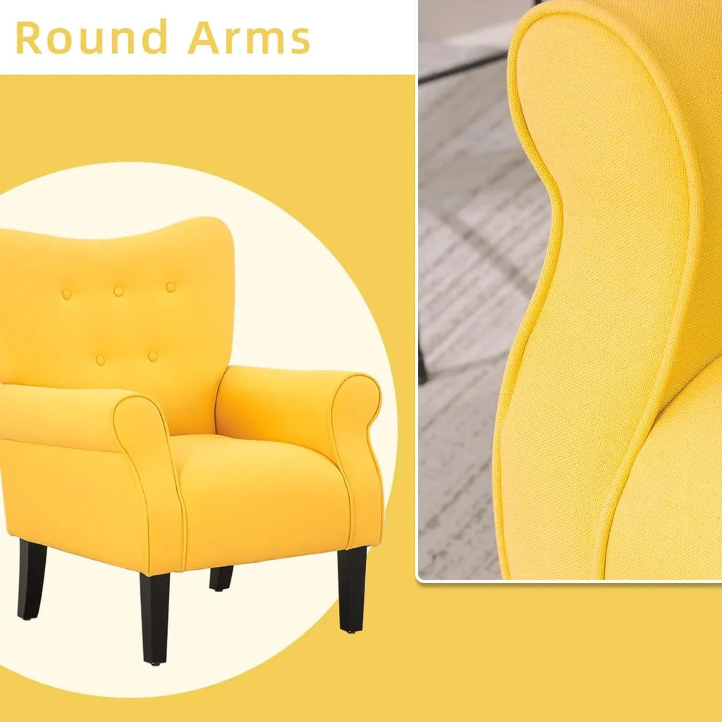 Erommy moderne accentstoel, fauteuil met hoge rugleuning, gestoffeerde stoffen fauteuil met knopen en houten poten voor de woonkamer