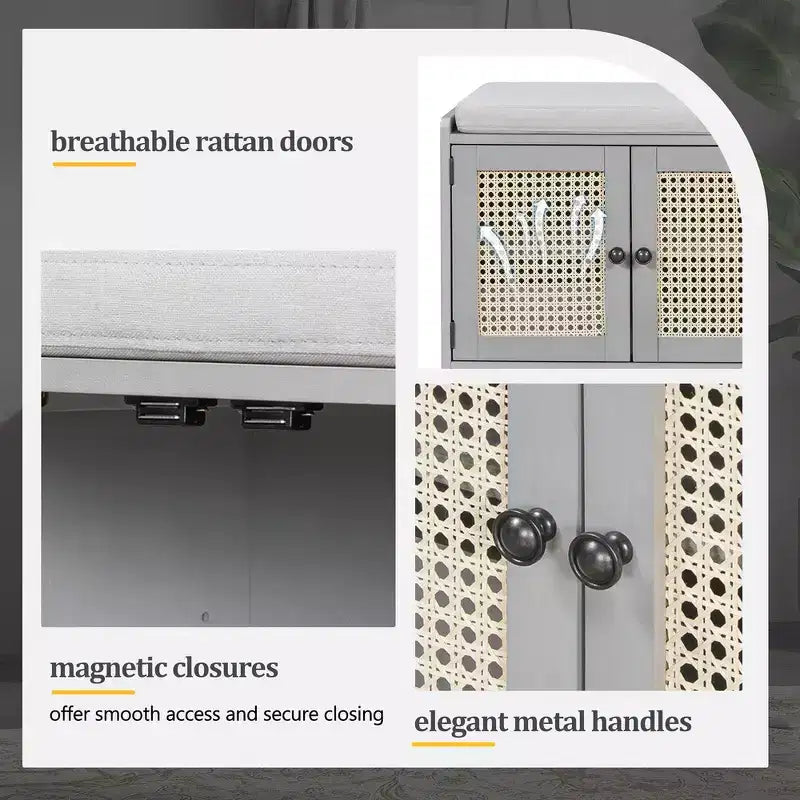 Banc de rangement rustique en bois Whisen, banc à chaussures pour entrée avec coussin amovible et étagères réglables