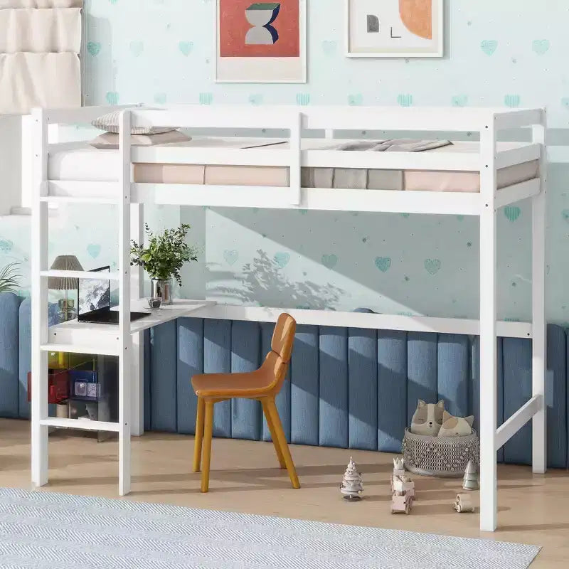 Okak Hochbett im minimalistischen Loft-Stil mit Leiter, Hochbett aus Gummibaumholz für eine Person mit Sicherheitsgeländer und integriertem Schreibtisch, Bettgestell für Kinder und Jugendliche
