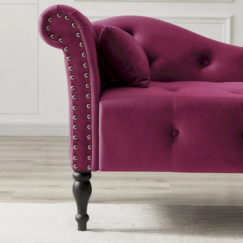Chaise longue moderne de 60,6 po, capitonnée en velours avec boutons, pieds en bois massif et clous décoratifs