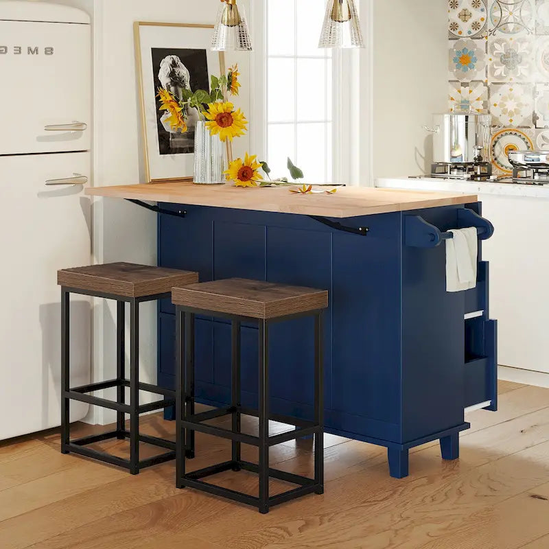 Ensemble îlot de cuisine TOPMAX avec rallonge rabattable et 2 places assises, ensemble table à manger avec étagère réglable, tiroirs et porte-serviettes